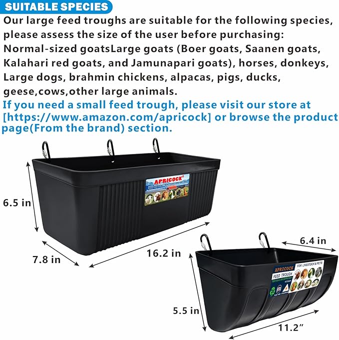 Large Feed Trough and Goat Feeder - 2 Pack Hanging Feeder with Clips, Waterer Bucket, Fence Feed Trough, Goat Supplies, 10 Quart