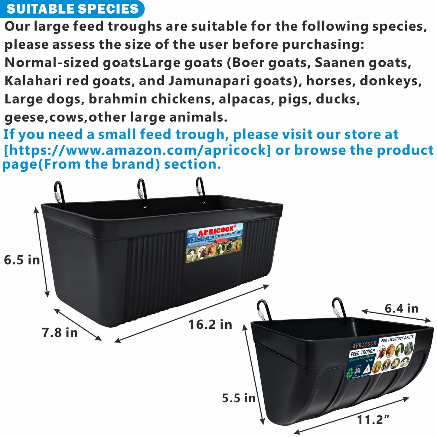 Large Feed Trough and Goat Feeder - 2 Pack Hanging Feeder with Clips, Waterer Bucket, Fence Feed Trough, Goat Supplies, 10 Quart