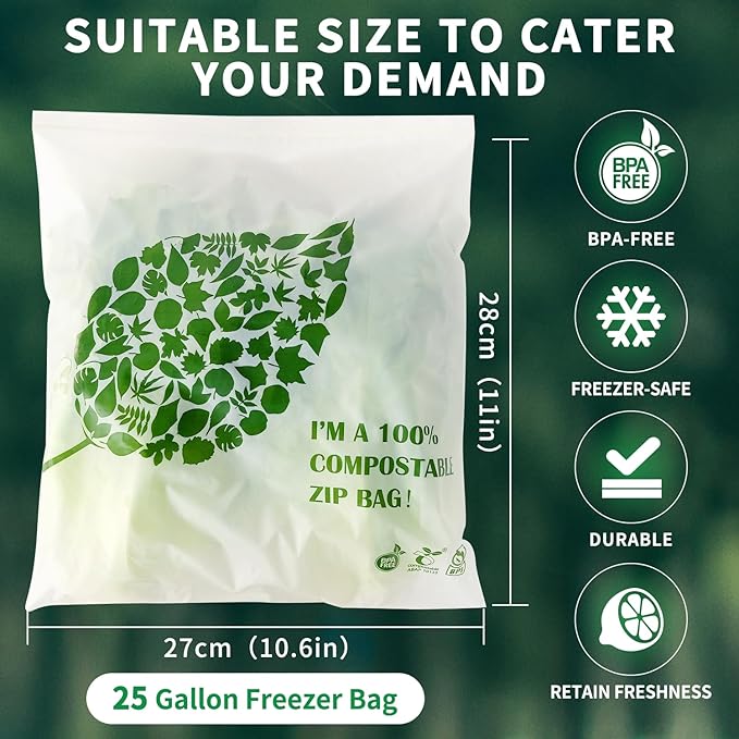 100% Compostable Gallon Freezer Bags Biodegradable Food Storage Bag for Vegetables, Fruits or Meats - 25 Count