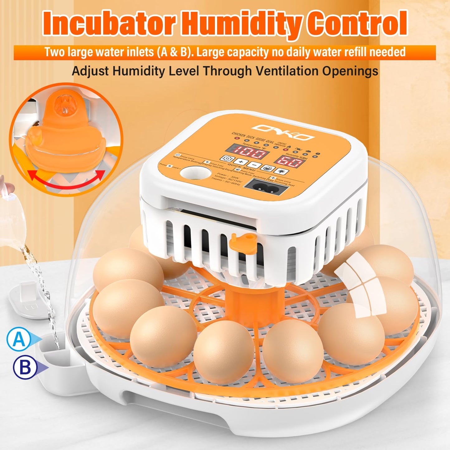 ONKO 12 Egg Incubator with Auto Temp & Humidity Control for Home, Farm, Classroom, Auto Egg Turner & Stop, External Water Refill, Air Vent, 360° Clear View, Hatching Chicken, Duck, Goose, Pigeon Eggs