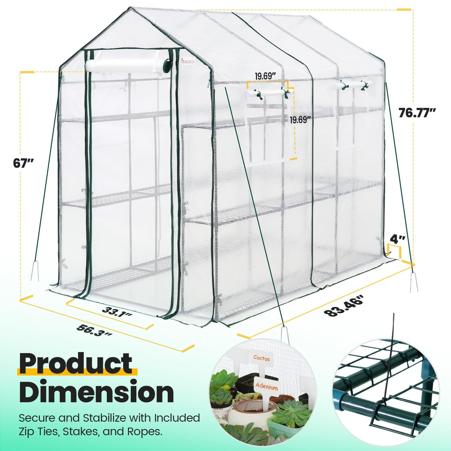 KING BIRD Premium Greenhouse for Outdoors, 84 x 56 x 77 Upgraded PE Cover & Steel Frame Walk in Hot House, w/ Zippered Screen Windows Mesh Door, 3 Tiers 20 Shelves for Outside Garden, White