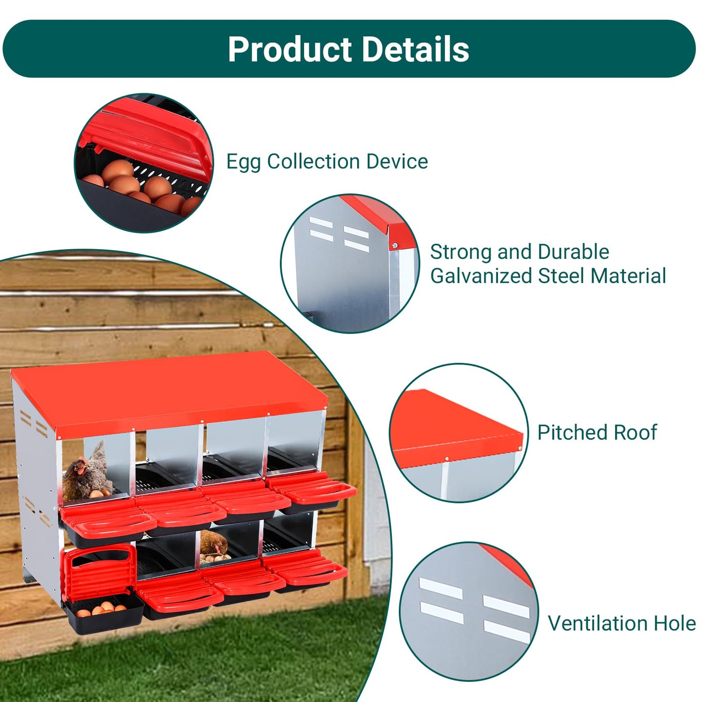 GarveeLife Chicken Nesting Boxes, 8 Hole Nesting Boxes for Chickens, Chicken Laying Box with Leg and Lid Cover, for Chicken Coop to Protect Eggs, Red