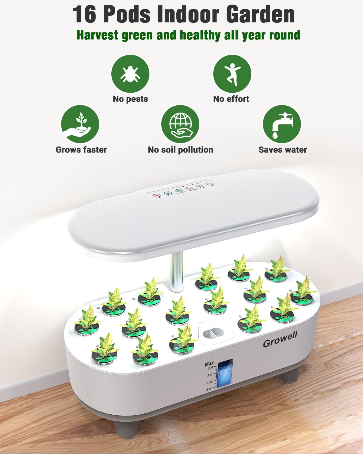 Growell 16 Pods Hydroponics Growing System Kit & 90 Pods Vertical Indoor Garden