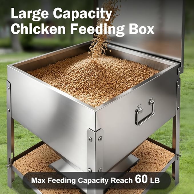 Stainless Steel Chicken Feeder No Waste, 60LBS Large Capacity Poultry Feeder, Adjustable Metal Chicken Coop Feeder with Lid and Handle