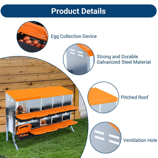 10 Hole Chicken Nesting Box with Bracket, Roll-Away Egg Collection System with Ventilation Holes，Rustproof Plastic Tray & Keyhole Mounting, Chicken Laying Box for Hen & Duck, Orange