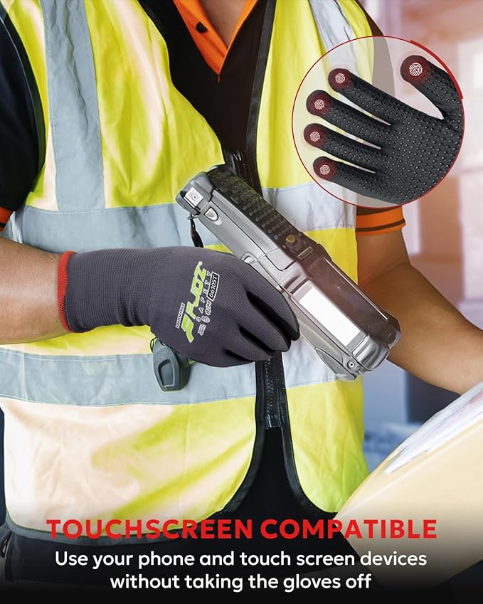 Work Gloves with Grip,12 Pairs Thin Breathable MicroFoam Nitrile Coated Durable Touchscreen Glove Men Women