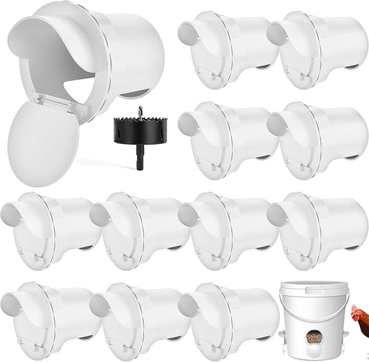 Chicken Feeder Port 12pcs Poultry No Waste Port Kit with Stopper Lid, 1 Hole Saw, DIY Automatic Reusable Coop Feeders, Rain Proof Gravity Feeding Geese Duck Hens Rooster for Bucket Barrel Bin (White)