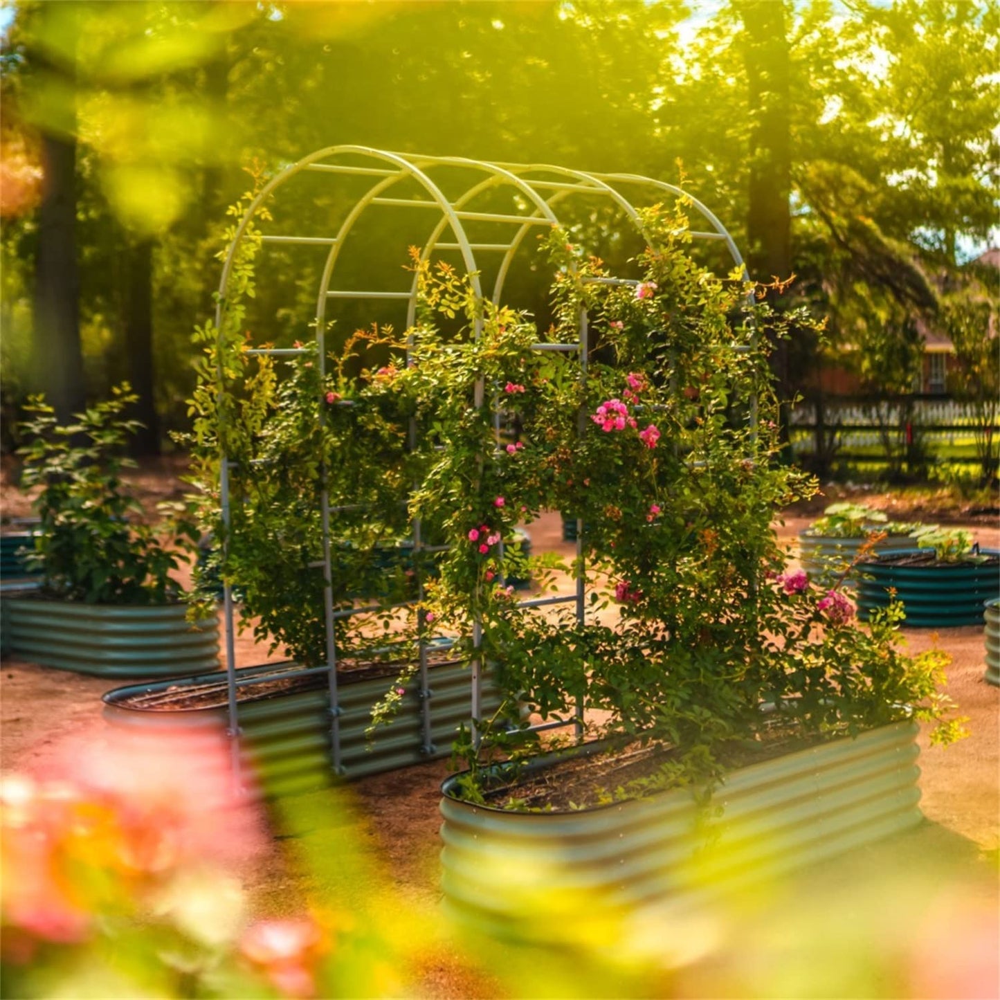 Vego Garden Modular Arched Trellis System Triple Section 6.0' Long Trellis for 2.0' x 8.0' (9 in 1) Garden Bed