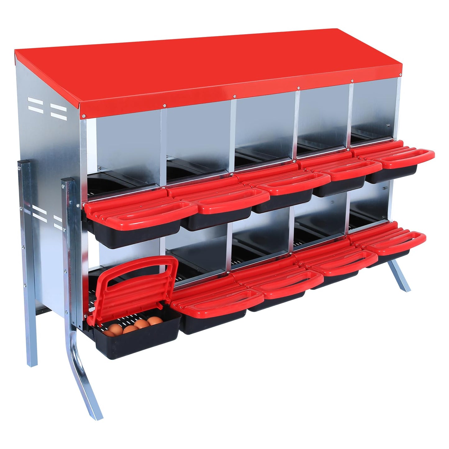 Chicken Nesting Box, 2-Tier Chicken Laying Boxes for Hens, 10 Compartments Chicken Laying Box, 10 Room Metal Nesting Boxes for Chicken, Roll Away Nest Box with Lid Cover to Protect Eggs, 10 Hole, Red