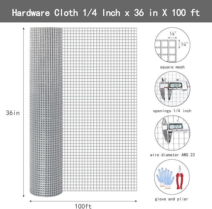 Thinkahead Hardware Cloth 1/4 inch 36 X 100 ft 23 Gauge, Galvanized Wire Mesh Roll, Welded Wire Fencing, Hardware Cloth for Chicken Coop Wire, Rabbit Cage Wire