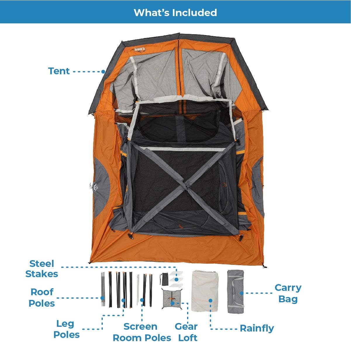 CORE 6 Person Cabin Tent with Screen Room | Portable Family Tent with Carry Bag for Outdoor Car Camping | Included Gear Loft for Camping Accessories