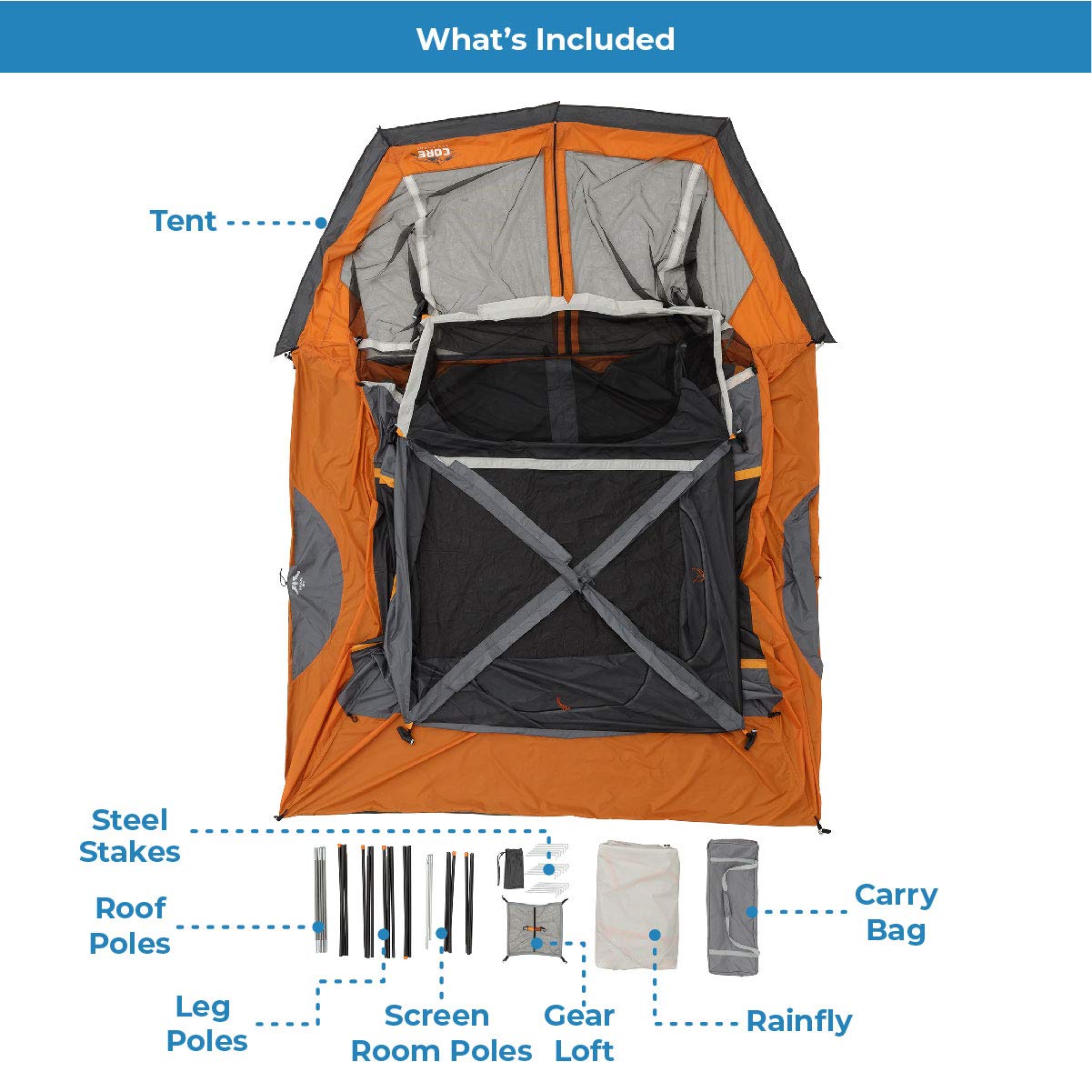 CORE 6 Person Cabin Tent with Screen Room | Portable Family Tent with Carry Bag for Outdoor Car Camping | Included Gear Loft for Camping Accessories