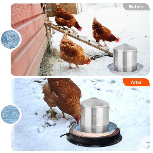 Chicken Water Heater for Winter, 11" Waterer Heated Base for 1-5 Gallon Metal Plastic Poultry Water, 110 Watt Heated Poultry Waterer with Thermostat for Chicken Duck Pigeon
