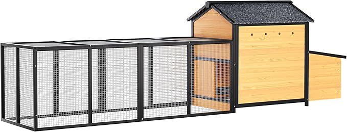 118" Large Wood Chicken Coop,Outdoor Hen House with Nesting Box Poultry Cage,Oversized Enclosed Run,Hen Coop with Leak-Proof Pull-Out Tray,Asphalt Roof & Free-Range Doors,Black+Gold