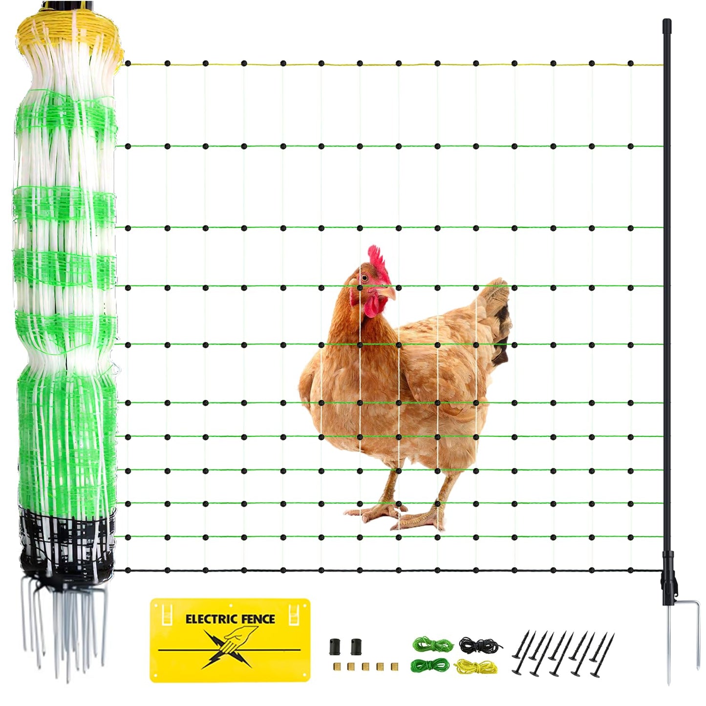 Electric Fence Netting - Chicken Fences for The Yard Semi-Rigid Net for Livestock or Poultry Fence Double Spiked Poultry Netting Fence Electric Portable 35" H x 164' L, 14 Posts