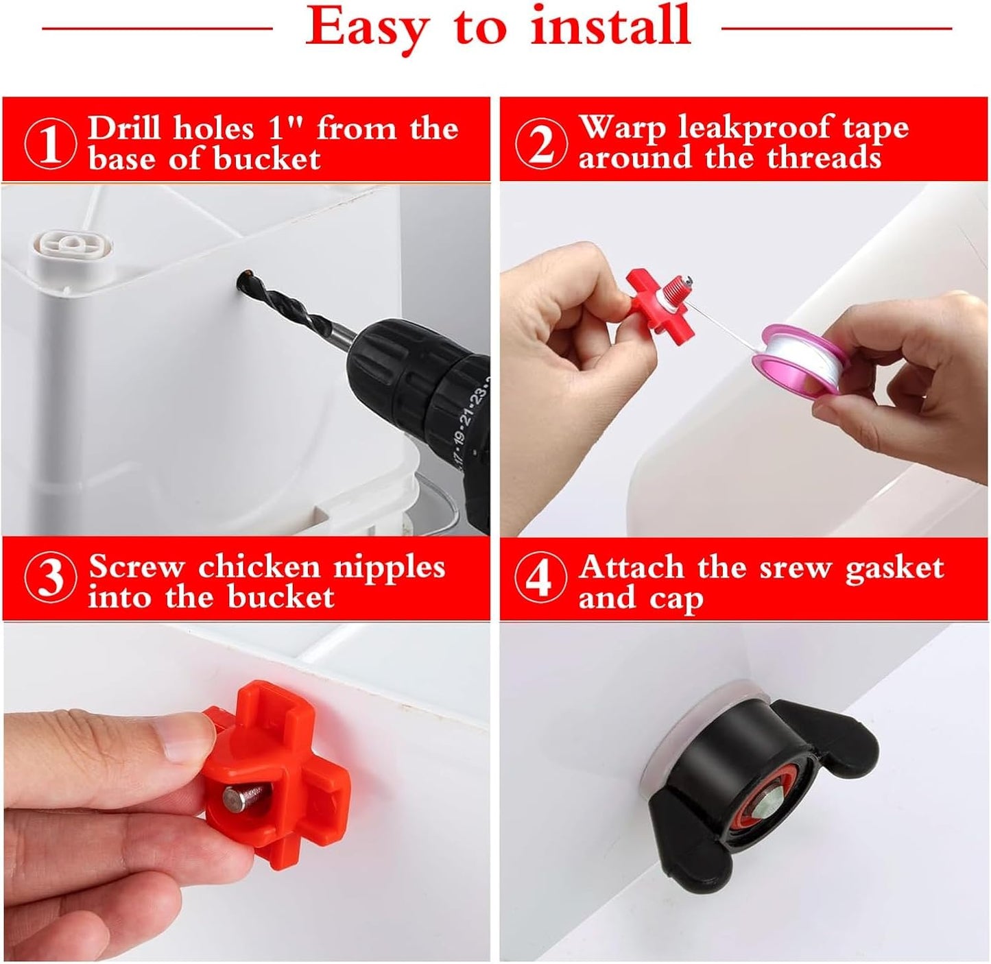 12 Pcs Horizontal Chicken Waterer Nipples with Drill Bits, Leakproof Poultry Watering System for Chicken Coop, Durable ABS Plastic & Stainless Steel, Water Saving Design for Outdoor Use