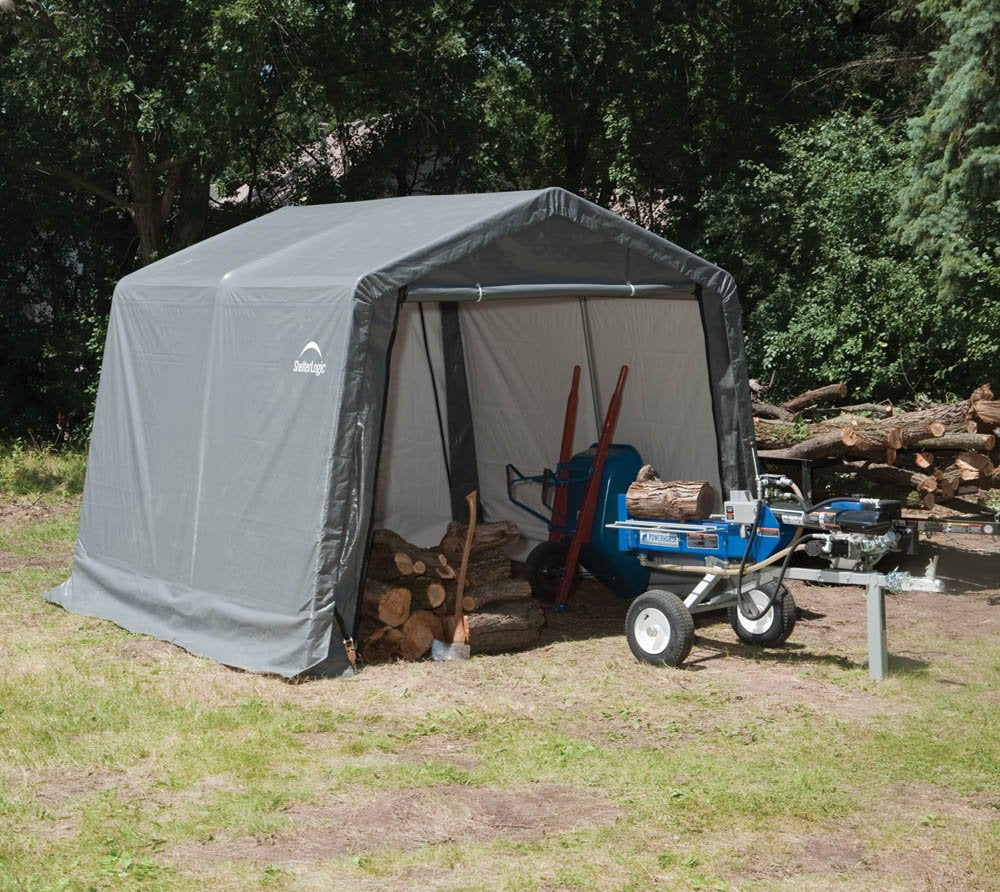 ShelterLogic 10' x 10' Shed-in-a-Box All Season Steel Metal Peak Roof Outdoor Storage Shed with Waterproof Cover and Heavy Duty Reusable Auger Anchors, grey