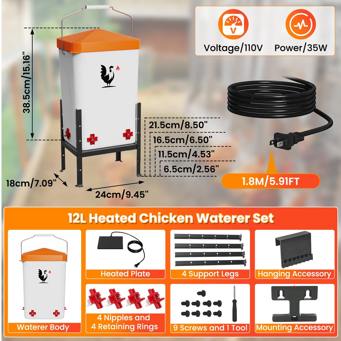 Heated Chicken Waterer, 3.2 Gallon Poultry Water Heater for Winter with 4 Horizontal Nipples, Thermostatically Controlled, 4 Adjustable Heights, Anti-Freezing Watering System for Coop Accessories