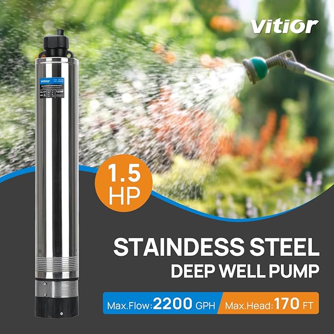 1.5HP Deep Well Pump, 2200GPH Submersible Well Pump 170FT Stainless Steel Deep Well Submersible Water Pump 72FT Power Cord High Pressure for Home Irrigation Garden Use