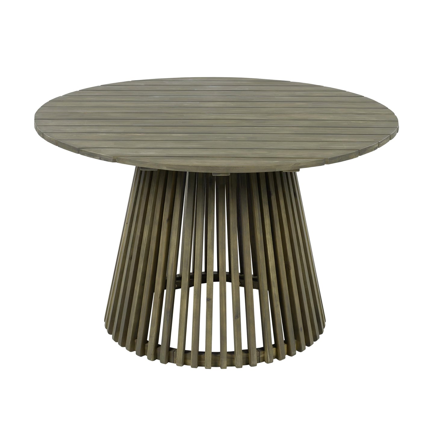 Christopher Knight Home Briar Farmhouse Acacia Wood Round Dining Table, Patio Dining Room Table with Unique Wooden Base for Backyard/Garden, Slatted Design Outdoor Dining Table, Light Teak