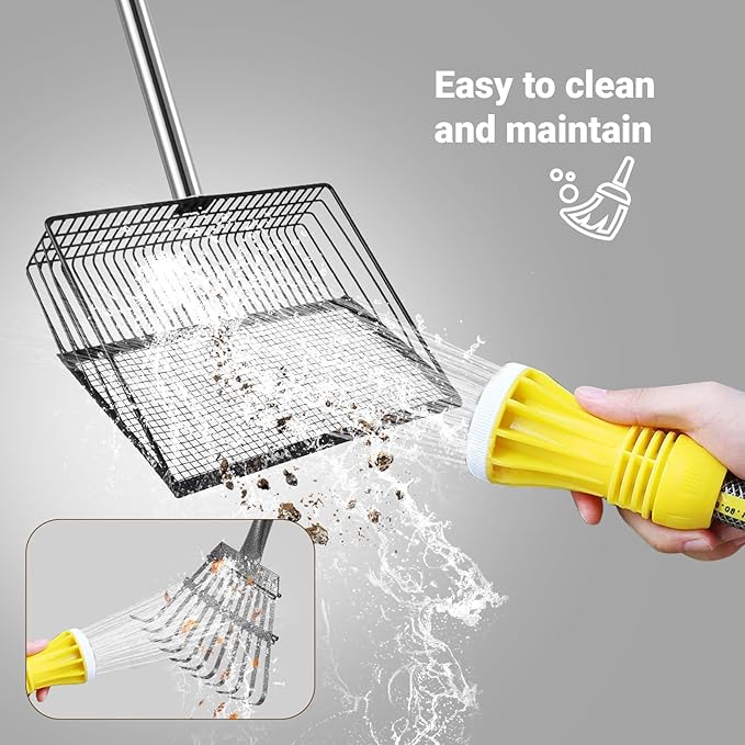 2pcs adjustable heavy 10 inch wide shovel area of chicken scooper for poop（36.6-61.8"long）and 11 tooth chicken coop rake（36.7-73"long）. Suit for cleaning chicken coops, racecourses, and sheep pens