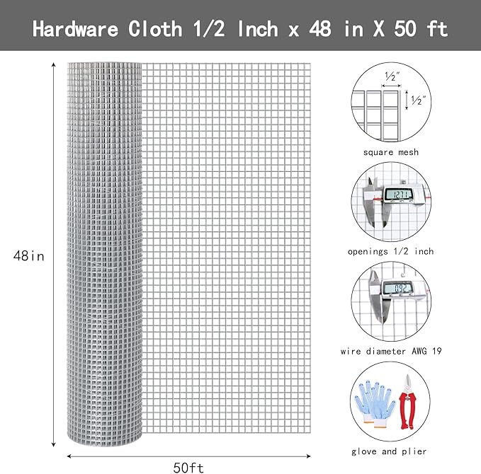 Thinkahead Hardware Cloth 1/2 Inch 48 X 50 ft 19 Gauge, Chicken Coop Wire Fencing, Hot Dipped Galvanized Wire Mesh, Hardware Cloth for Chicken Coop, Rabbit Cages, Garden, Small Rodents Screen Fence