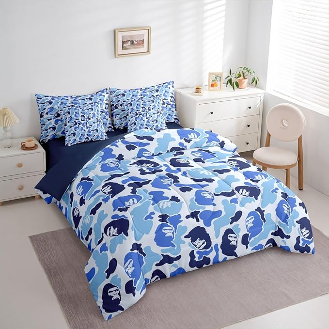 Camo Comforter Set Queen Size 7 Pieces Camouflage Bedding Set for Kids Boys Girls Camo Monkey Bed in a Bag with Comforter, Sheets, Pillowcases, Cushion Covers Hunting Bedroom Decor Blue and Black