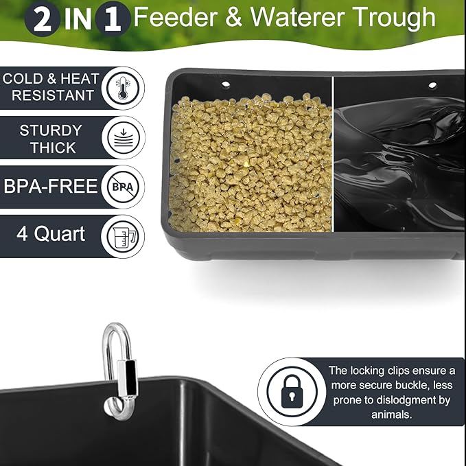 Chicken Goat Feeder Waterer Trough, No Waste Hanging Poultry Feeder Fence Accessories, Feed & Water Feeding Container Bucket for Coop Hens Duck Goose Horse Deer Sheep Piglets Livestock Supplies (3PCS)