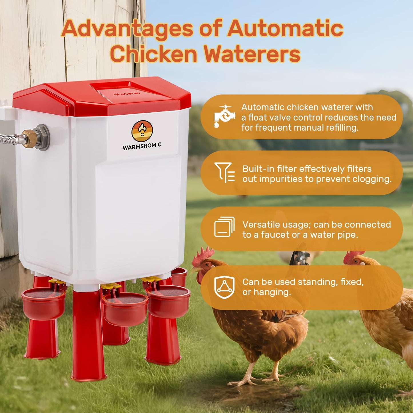 Automatic Chicken Waterer,Float-Controlled Large Watering System with Stainless Steel Metal Hose,Suitable for Quail,Ducks,and Other Poultry