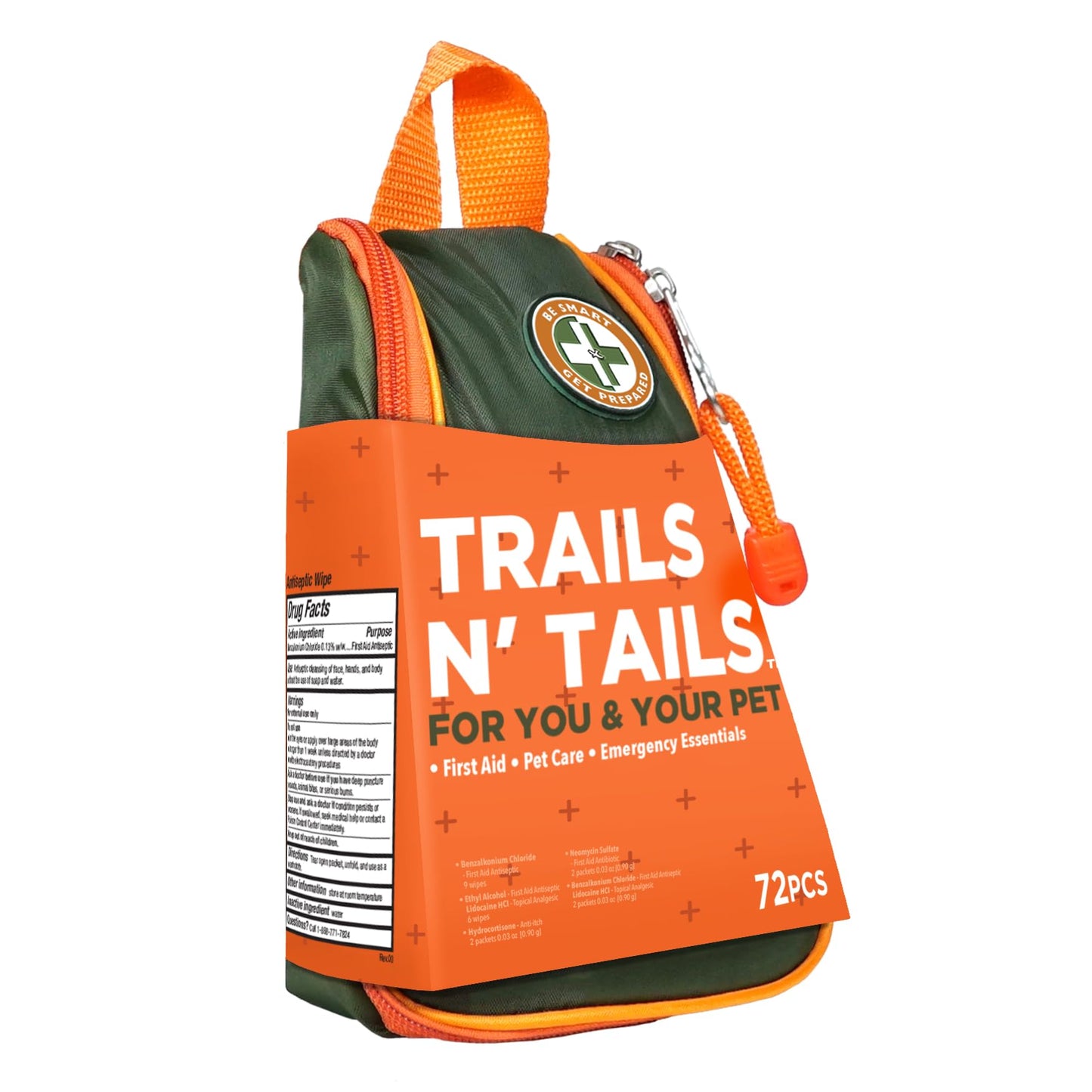 Be Smart Get Prepared Trails N’ Tails First Aid for You & Your Pet - 72 Pieces - Pet Care & Emergency Essentials - Designed for Pets, Outdoor, Auto & Home - Compact & Portable