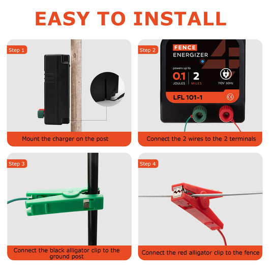 Electric Fence Charger, 2 Mile 8 Acres Electric Fence Energizer, 0.1 Joule Ac Powered Output Voltage 5100v, for Preventing Wild Animals Intruding Great for Poultry, Pets and Gardens