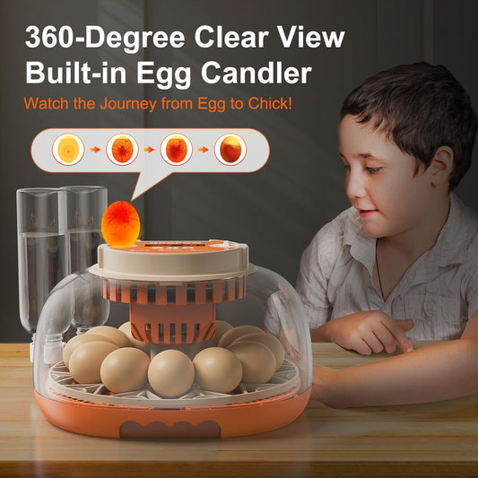 GROPOW 12 Egg Incubator, Automatic Turning with Temperature & Humidity Control, Egg Candler, 360 View with Air Vent, Auto Water Bottle Refill, Chicken Incubator for Hatching Eggs