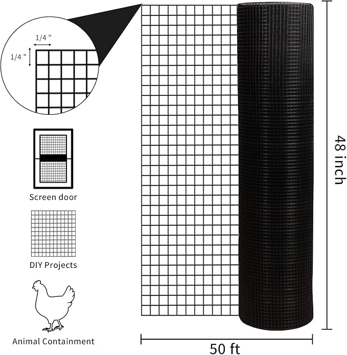 Hardware Cloth PVC Coated Wire Mesh 48'' x 50' 1/4inch Mesh Black Vinyl Coated Fence Chicken Wire Fencing 19 Gauge Chain Link Fence for Chicken Coop,Animal Control,Gutter Guard, and Home Improvement…