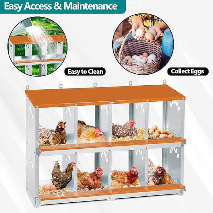 8 Compartment Chicken Nesting Box, Metal Nesting Boxes for Chicken, Indoor & Outdoor Use, Wall Mountable Laying Boxes for Hens, 42.5" L x 13.0" W x 25.0" H, Orange