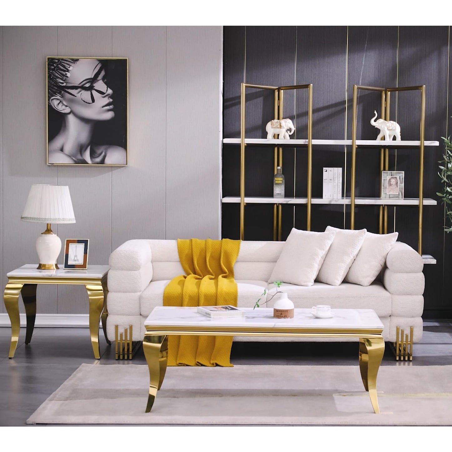 Anewsun Luxury White and Gold End Table with Faux Snake Plant Set of 2