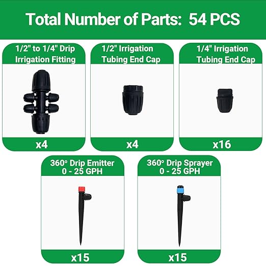 Drip Irrigation Fittings Kit, 1/2" to 1/4" Barbed Connectors, End Plugs, Adjustable Drip Emitters and Vortex Spray Emitters for 1/4" Tubing in Garden or Lawn Use (Tubing Not Included) 54 PCS