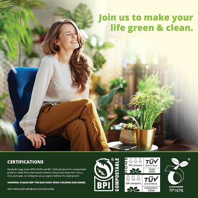 Simply Bio 50-55 Gallon Compostable Trash Bags Liners Flat-Top, Heavy Duty Extra Thick 1.57 Mil, 208.2 Liter, 12 Bags, Lawn, Yard, and Restaurant Use, ASTM D6400, US BPI, OK Compost Home Certified