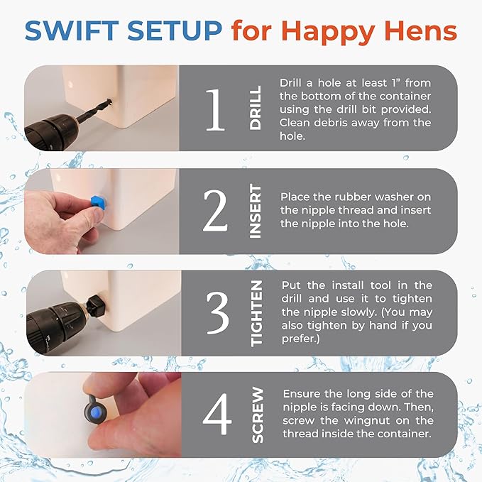 Lil'Clucker Horizontal Chicken Waterer Nipples, Pack of 15 Chicken Nipple Waterer with Drill Bits, Easy Install Automatic Chicken Waterer System, No Leak Chicken Water Feeder, Poultry Waterer - Blue