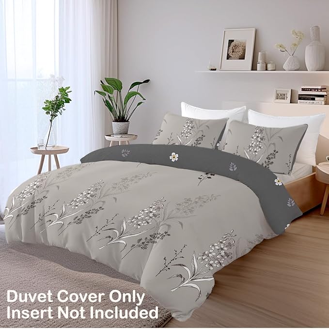 Vintage Grey Leaf Duvet Cover Farmhouse Decor Grey 3D Botanical Flower Print Bedding Set for Boys Girls with Zipper Closure and Corner Ties (Twin)