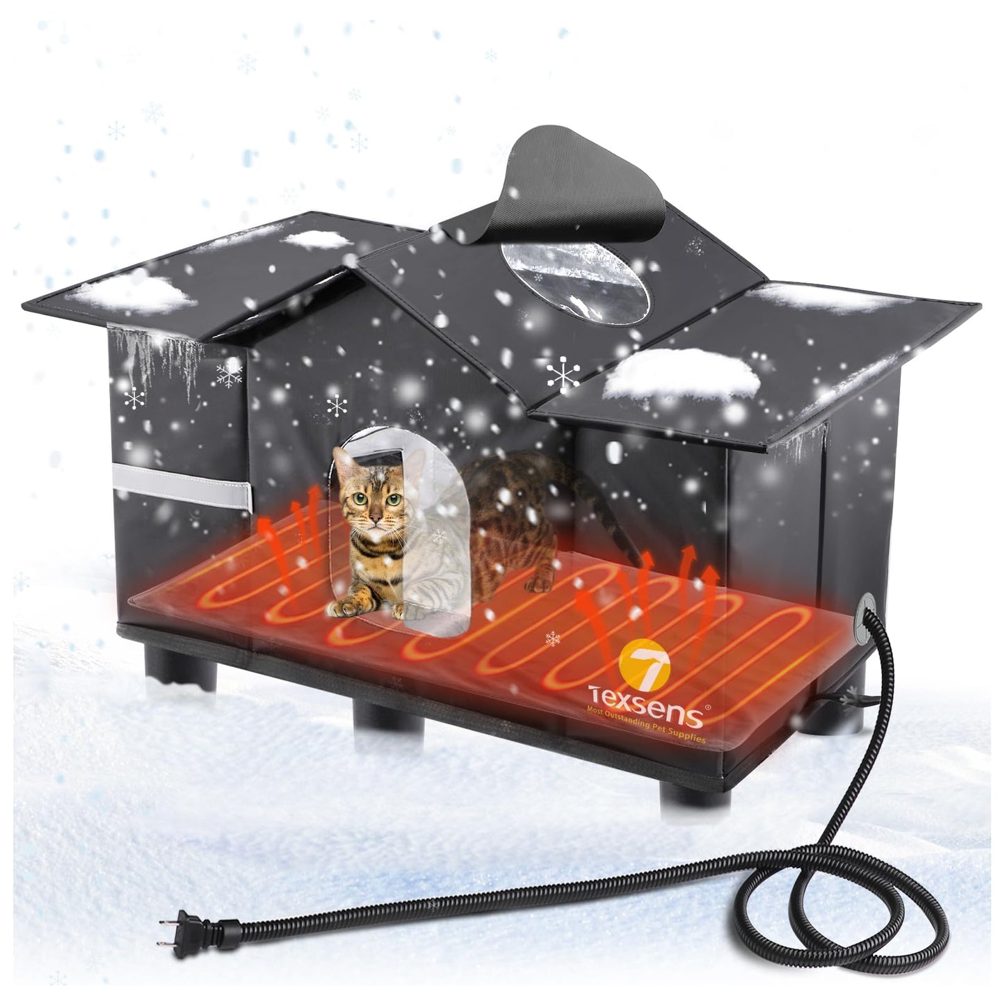 Texsens Heated Cat Shelter for Outside - Weatherproof Large Outdoor Cat House with Roof Window & Cozy Cushion - Ideal for Stray/Feral Cats