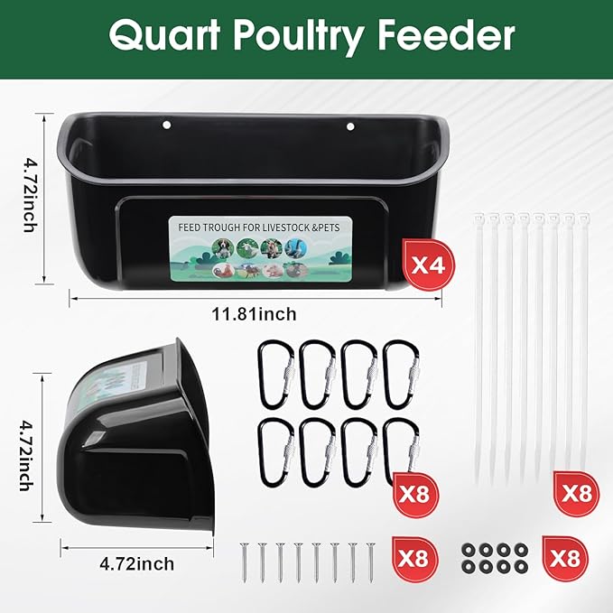 4 Pack Chicken Duck Feeder, Poultry Feeders and Waterers, Hanging Goat Feeder, Livestock Feeding Container, Feed Trough and Waterer Bucket with Clips(Black)