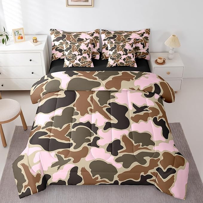 Feelyou Duck Hunter Pink Camouflage Hunting 7 Pieces Bedding Set, Queen Size Black Brown All Season,Bed in a Bag with Comforter, Sheets, Pillowcases Camo Army Bed Set Breathable Wild Room Decor
