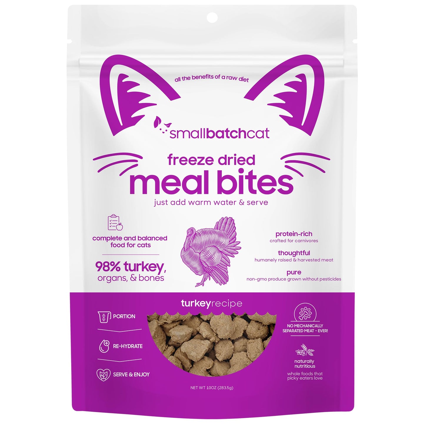 smallbatch Freeze-Dried Raw Cat Food, Shelf Stable Food Bites, Turkey Recipe, High Protein Meal or Topper for Cats, Humanely Raised Meat, Organic, Non-GMO Produce, Made in The USA, 10oz Bag