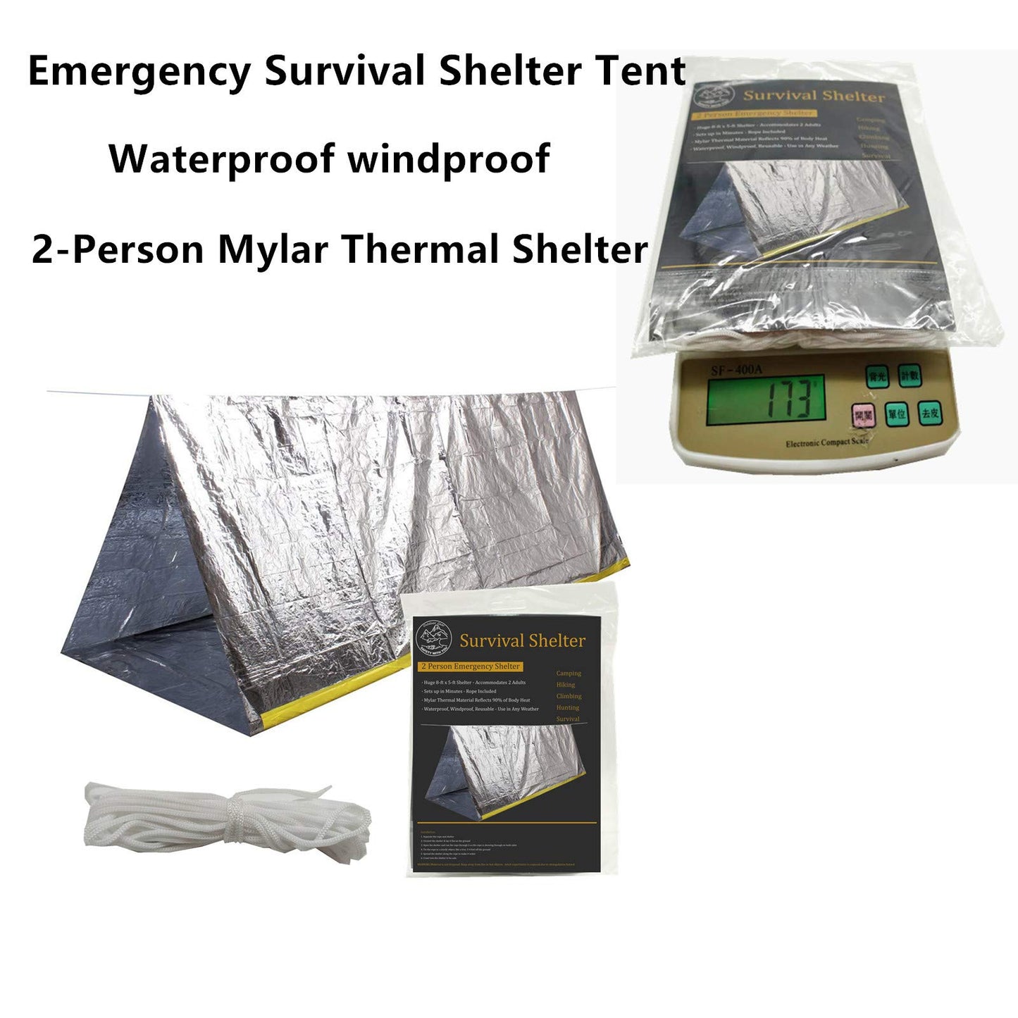 Emergency Survival Shelter Tent, 59 X 98.4inch Waterproof 2-Person Mylar Thermal Shelter Tent for Hiking Camping (Silver)