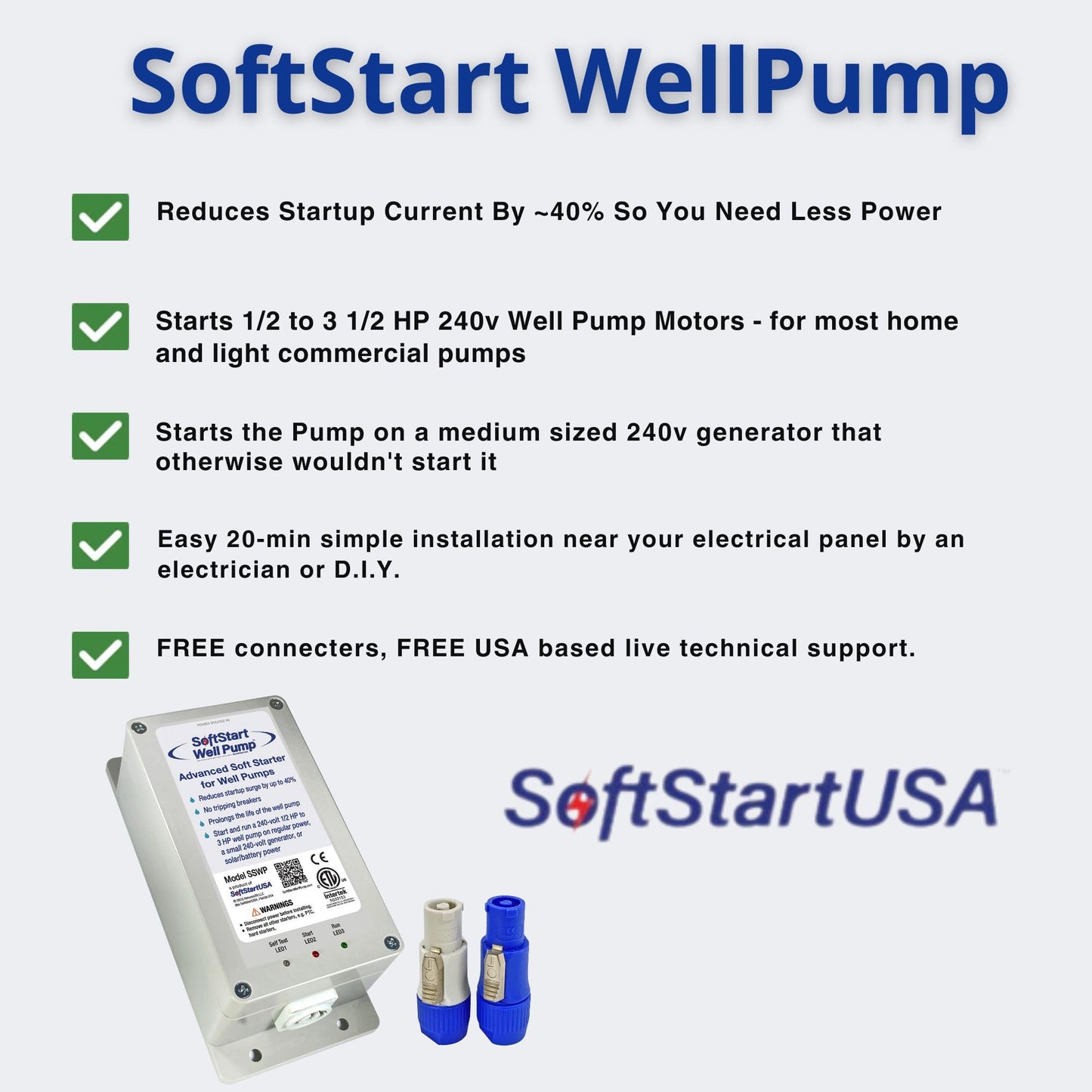 SoftStart Well Pump – Well Pump Soft Start Controller Reduces Inrush Current by 40% – Works with 0.5–3.5 HP 240V Submersible & Deep Well Pumps – Generator & Solar Ready – CE/ETL Listed