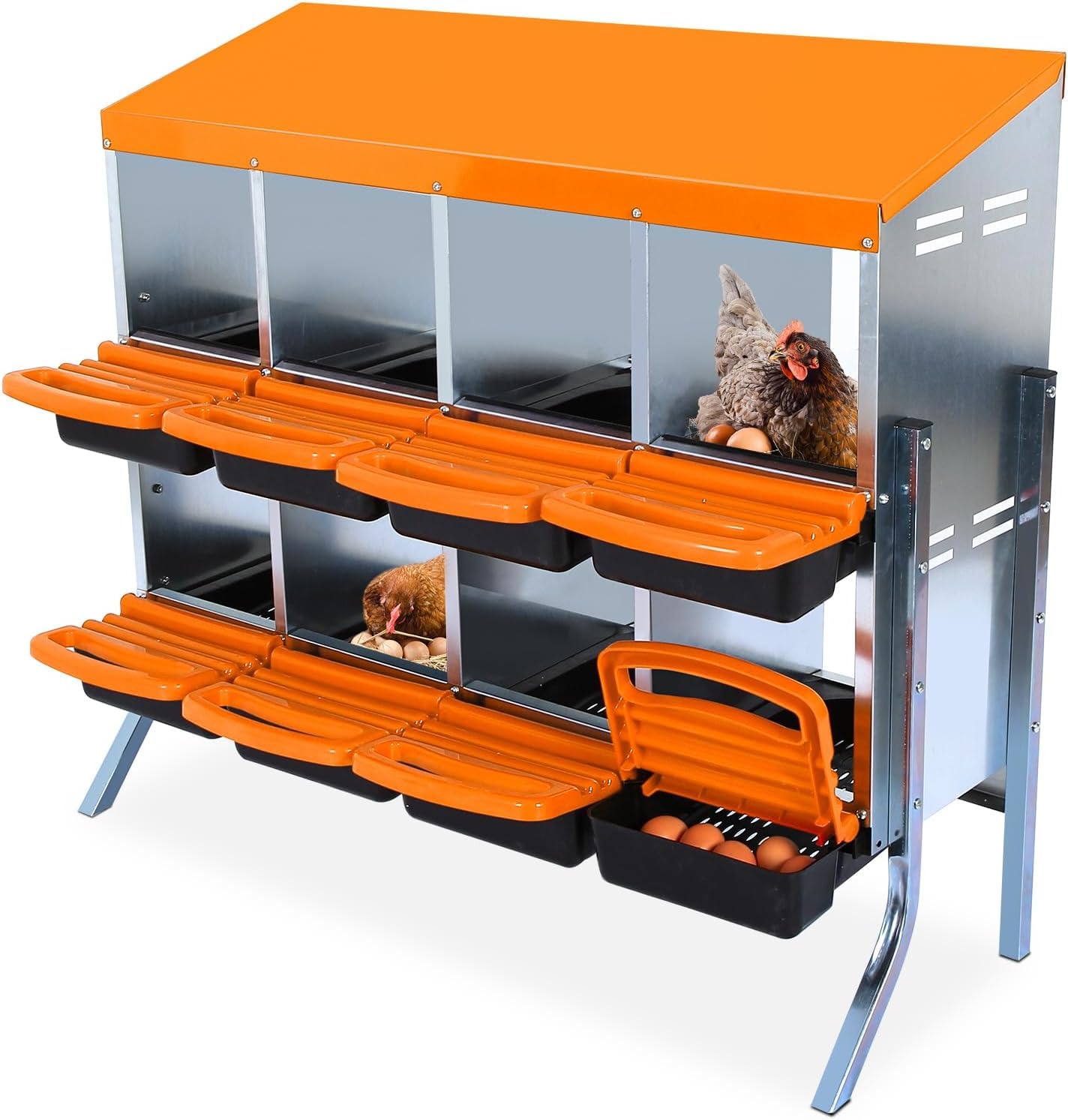 8 Hole Chicken Nesting Box, Nesting Boxes for Chickens Roll-Away Egg Collection System with Ventilation Holes Rustproof Plastic Tray & Keyhole Mounting, Chicken Laying Box for Hen & Duck with Leg
