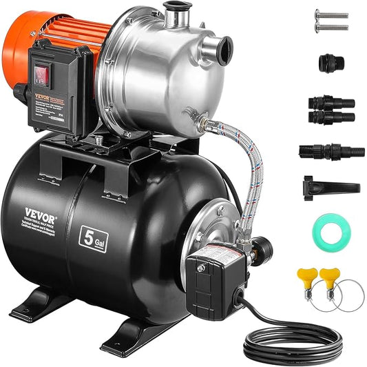 VEVOR 1.6 HP Shallow Well Pump With Pressure Tank, 1320 GPH, Automatic Irrigation Water Booster, 5-Gal Tank 30/50 PSI Switch, Stainless Steel Head for Home Garden Lawn