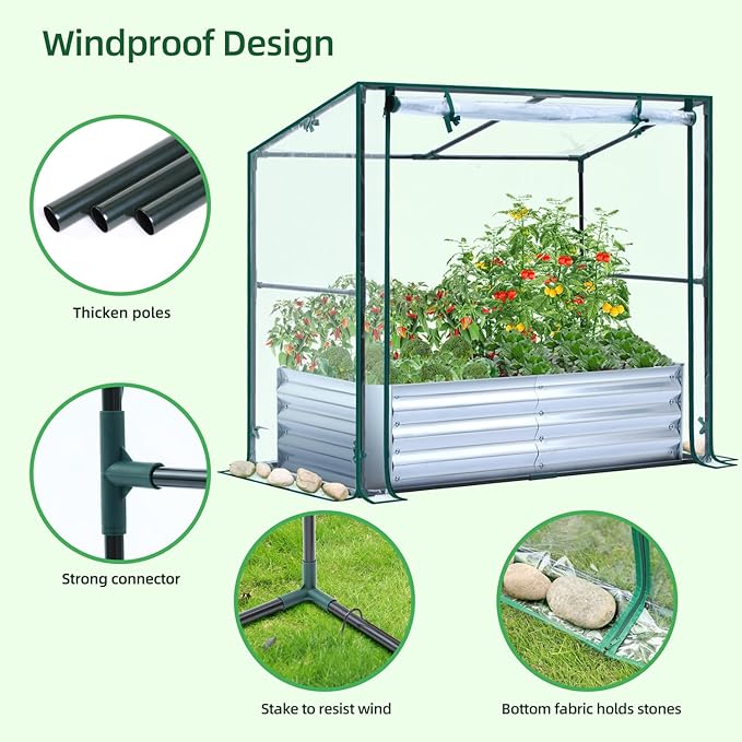 Ohuhu Raised Garden Bed with Greenhouse, 4x2x1 FT Galvanized Metal Planter Box with PVC Cover, Protects Plants from Frost Birds Insects, 3-in-1 Gardening Set for Vegetable Flower Herb Succulent