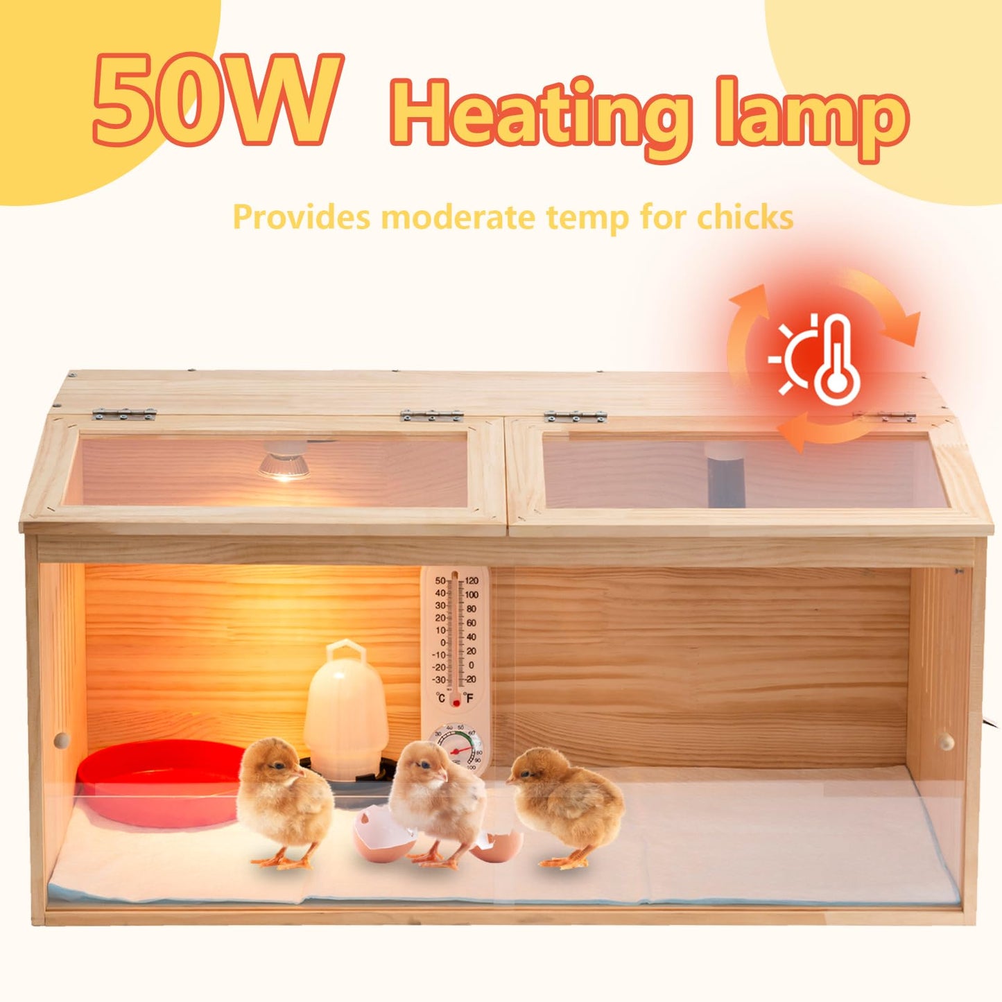 Large Wooden Chicken Brooder Box with Bulb Set and Thermometer - Brooder Box for Chicks Indoor Accommodates Up to 12 Chicks - Ideal for Chickens, Ducks, Quails, Hamsters, and Lizards（32x16x16 Inches）