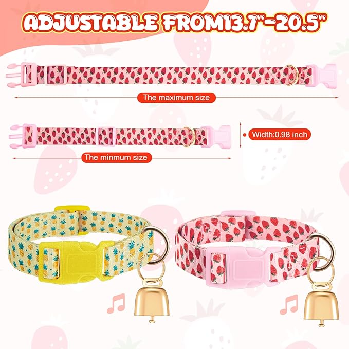 Talltalk 2 Pack Goat Collars with Bells Grazing Copper Bell and Adjustable Nylon Collar Set Loud Bronze Bell for Farm Sheep Cow Sheep Dog Accessories Christmas Thanksgiving Gift(Strawberry, Pineapple)